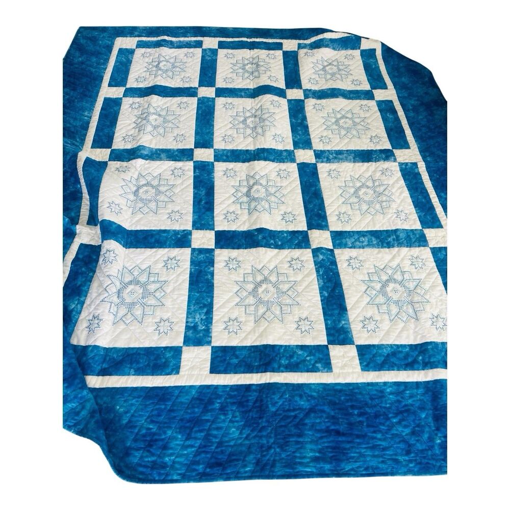 Handmade Blue White Star Quilt Embroidered Patchwork Country King Bed Quilt